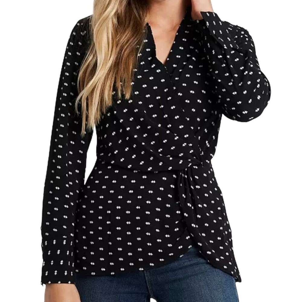 Vince Camuto Women's  Long Sleeve V-Neck Top‎ Blouse Black and White Size PL